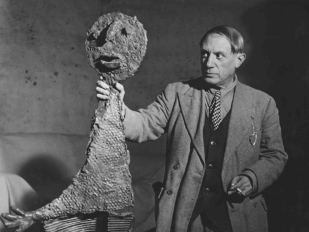 Picasso with His Sculpture, "The Speaker"